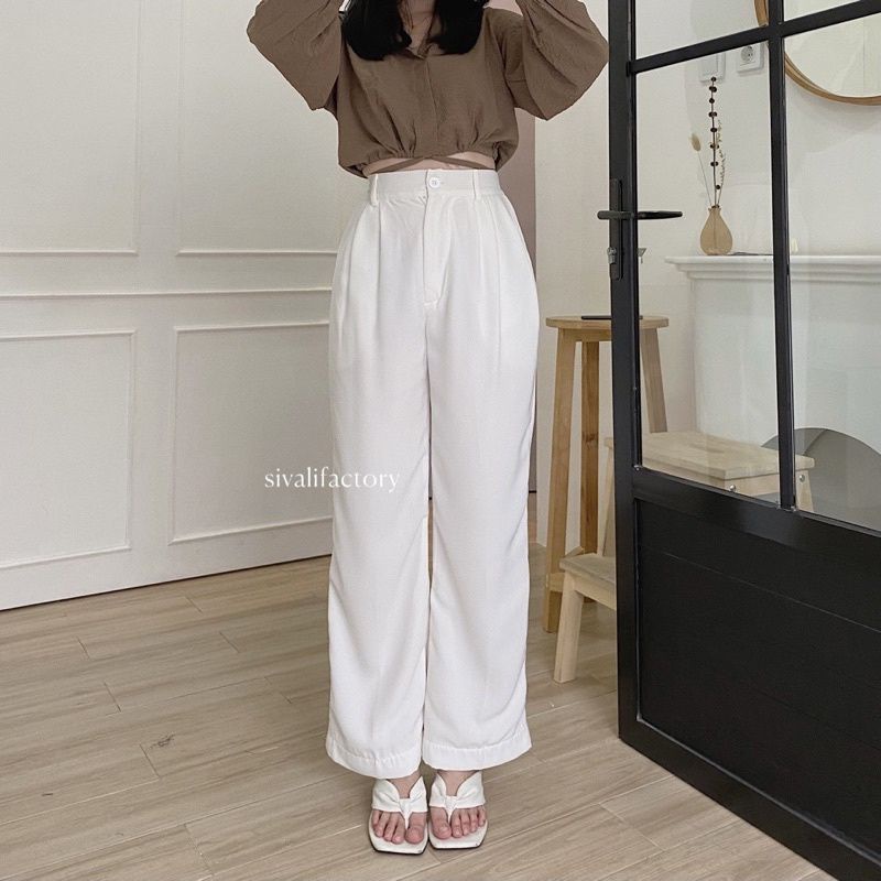 CELANA KULOT CRINKLE HIGWAIST WANITA LOOSE CULLOTE PANTS-Loose putih