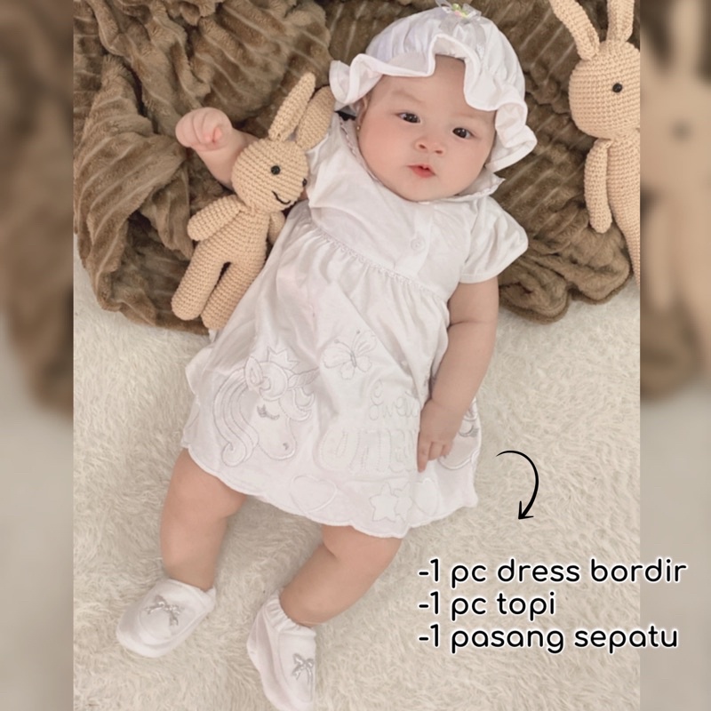 PURE WHITE SET / GAMIS MEWAH Baju NewBorn Dress Rok Topi aqiqah Sepatu Pergi Lucu Fashion Anak Bayi Perempuan Cewek Terlaris Murah