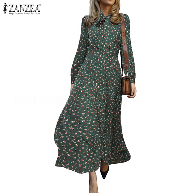 ZANZEA Women Casual Bohemina Vintage Print Tie Front Maxi Dress