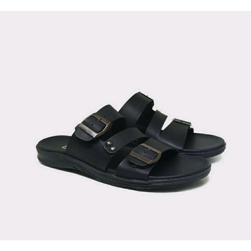 Sandal SLIDE ELBarack black.R7 Pria Ukuran 38-44 Kulit Asli Sendal Slop Tebal Hitam