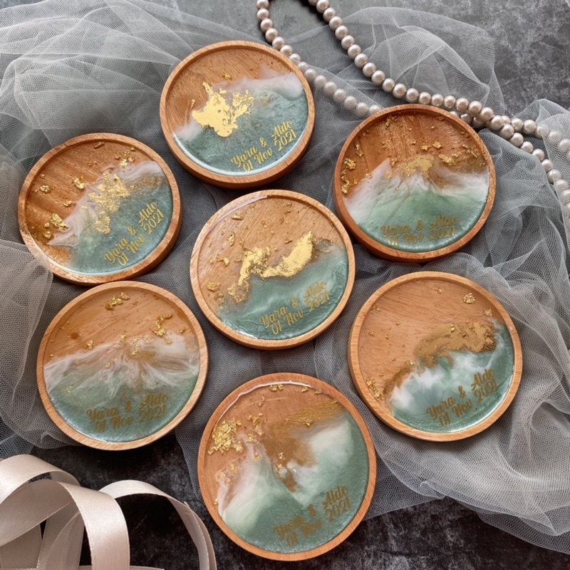 Resin Wood Kayu Coaster Souvenir Wedding Birthday Tatakan Gelas Kayu