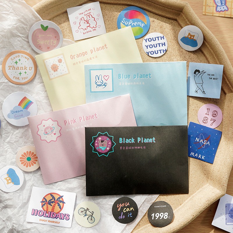 

60pcs Aesthetic Stiker Lucu Planet Bentuk Amplop Dekorasi Buku Journal Scrapbook DIY