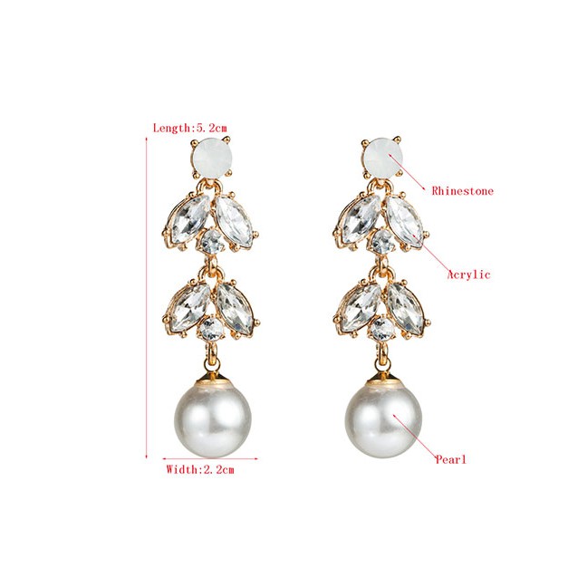 LRC Anting Tusuk Fashion Rhinestone Multi-layer Leaf Alloy Artificial pearl Acrylic Earrings D39152