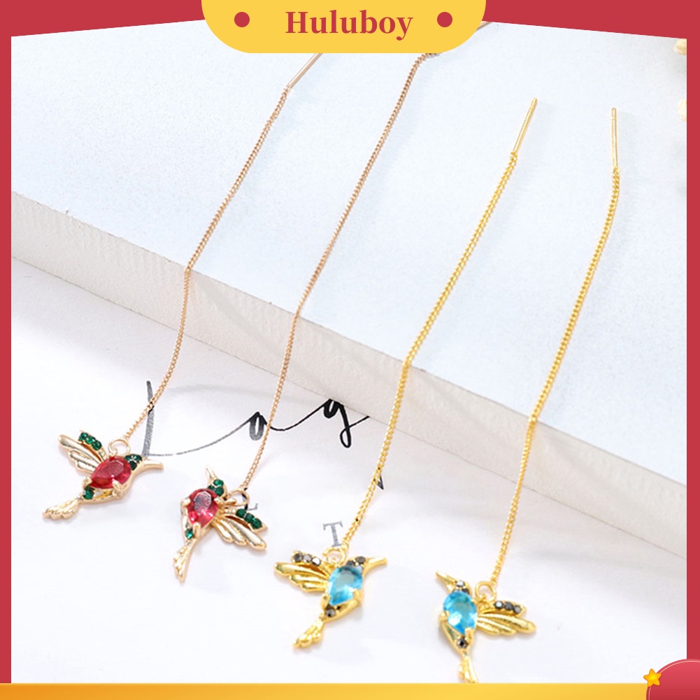 Hu Hu Hu Hu Hu Alat Bantu Pasang Kacamata♡ Anting Tusuk Gantung Panjang Desain Burung Kolibri Hias Berlian Imitasi Untuk Wanita