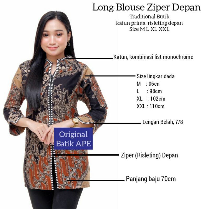 LONG BLOUSE TRADITIONAL BUTIK ZIPER RISLETING DEPAN BUSUI BATIK KOMBINASI READY M L XL XXL