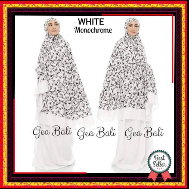 MUKENA BALI DEWASA MOTIF BUNGA MONOCROME WARNA PUTIH HALUS JUMBO MODEL TERBARU GROSIR MURAH