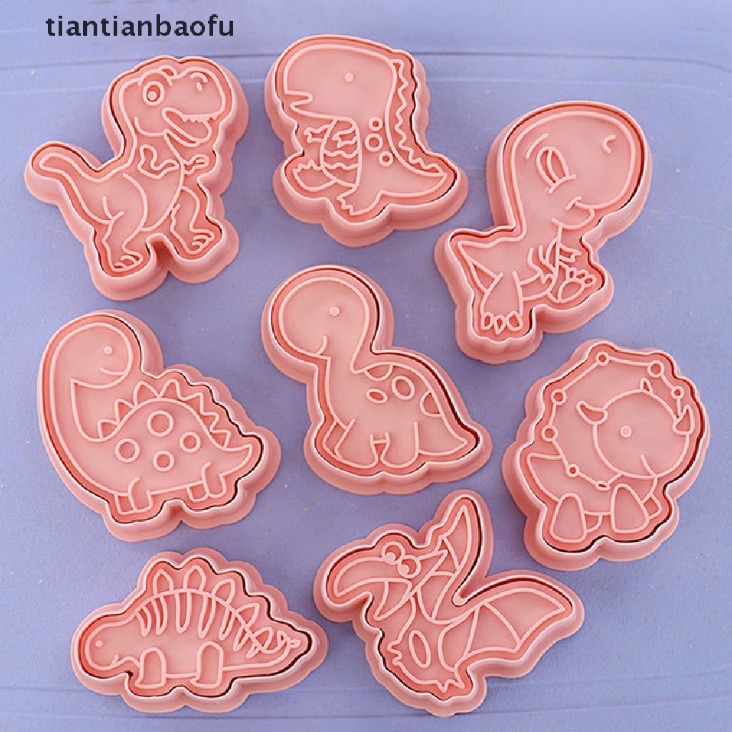 8pcs / Set Cetakan Kue / Biskuit Bentuk Kartun Dinosaurus 3D Bahan Plastik Untuk Alat Dapur Cetakan Kue DIY