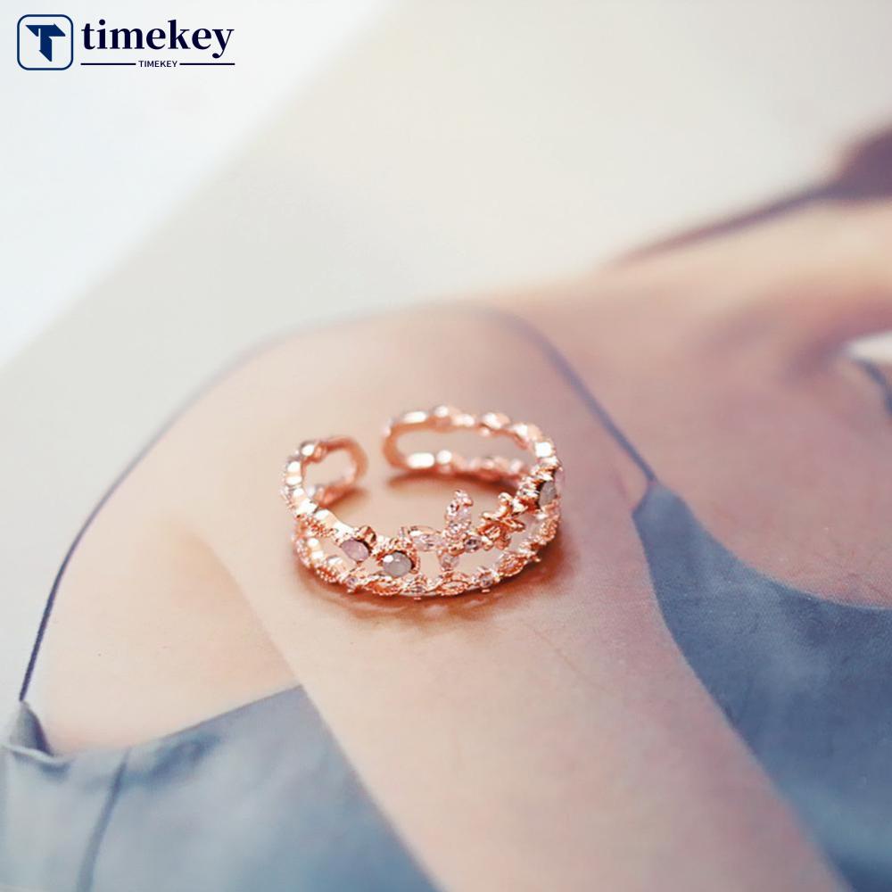 Timekey Cincin Open Ring Desain Kupukupubunga Hias Zirkon Untuk Wanita A7K5