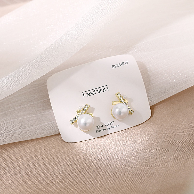 Korea Dongdaemun cross Pearl 925 perak stud anting-anting retro desain elegan bermutu tinggi anting-