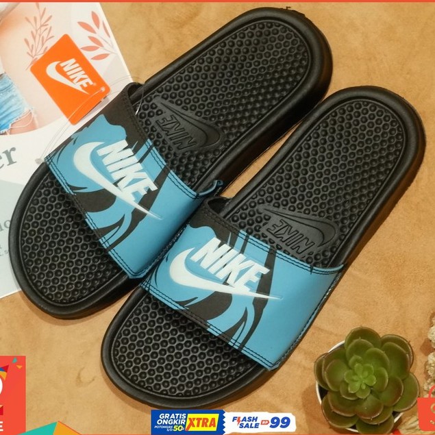 sandal slop nike sandal slide pria sanda nike benassi sandal nike premium Biru tulisan putih