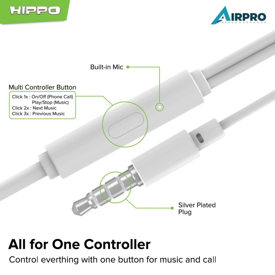 HIPPO Airpro EARPHONE HANSET Handsfree Stereo Clear and Powerfull-White ISI 20 PCS