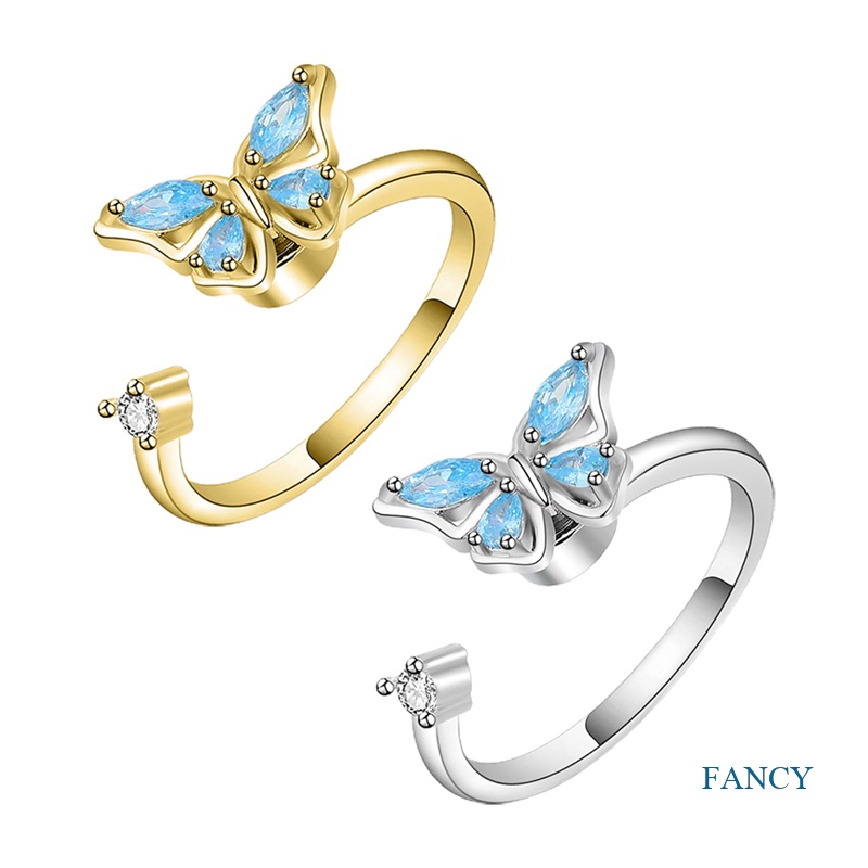 Cincin Fidget Spinner Bentuk Kupu-Kupu Bahan Zircon Kristal Anti Stress Untuk Wanita