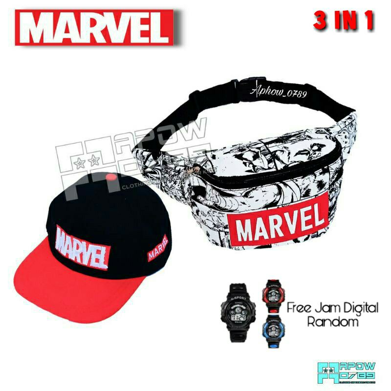 PAKET HEMAT 3IN1 TAS SELEMPANG ANAK TOPI ANAK KARAKTER MARVEL FREE JAM TANGAN DIGITAL WAISTBAG ANAK USIA 2-10 TAHUN TOPI BORDIR