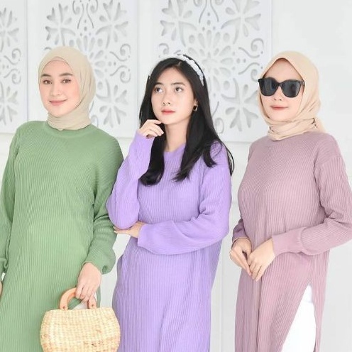 tunik slit dress rajut wanita muslim panjang/boxi tunik dress rajut wanita