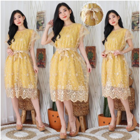 Dress Natal - Dress Ibadah- Gaun Wanita Kekinian Mutiara Brokat Tille Brokat Tile Dres Mewah