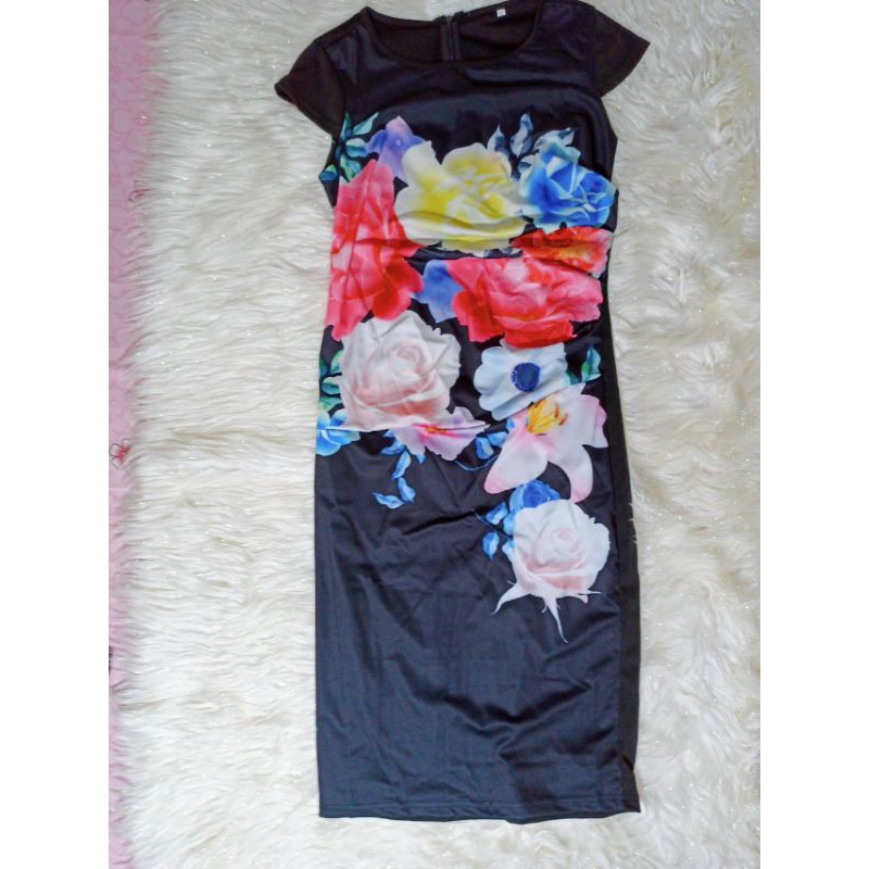 Dress Wanita Gaun Hitam Motif Bunga
