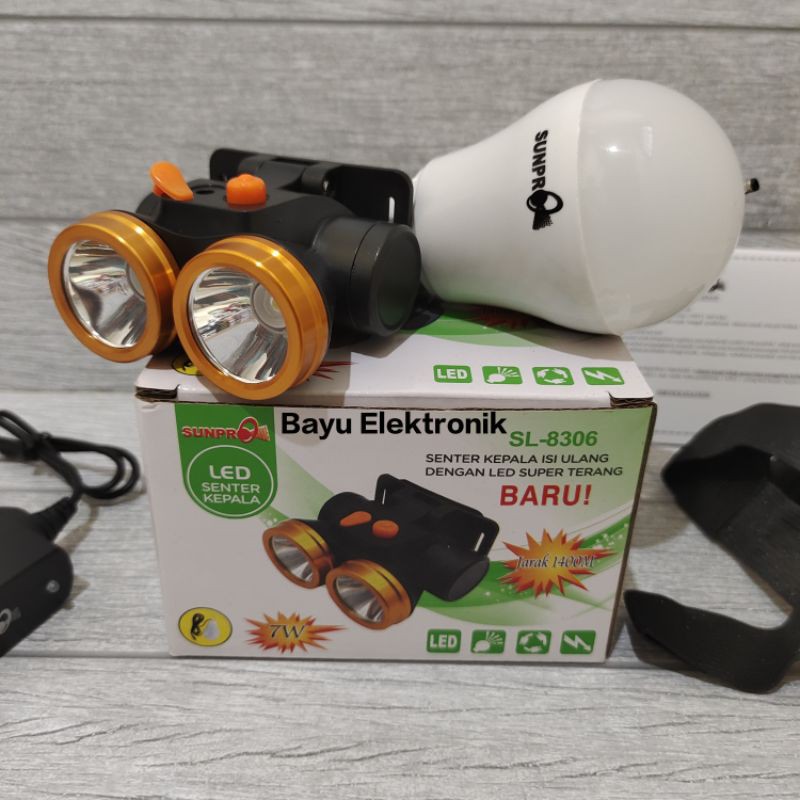 Senter Kepala Cas Sunpro SL-8306 Senter LED Super Terang Jarak Jauh 2 Cahaya Putih Dan Kuning