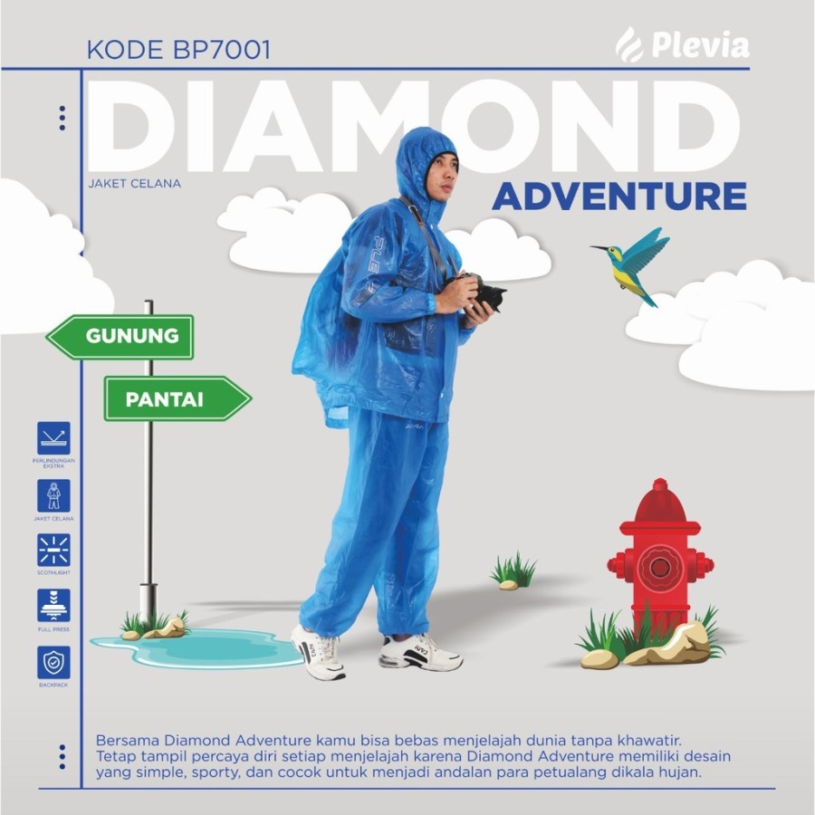 Jas Hujan Mantel Hujan Jaket Celana Plevia Diamond ADVENTURE BP7001 dengan Back Pack Tas Belakang 7001