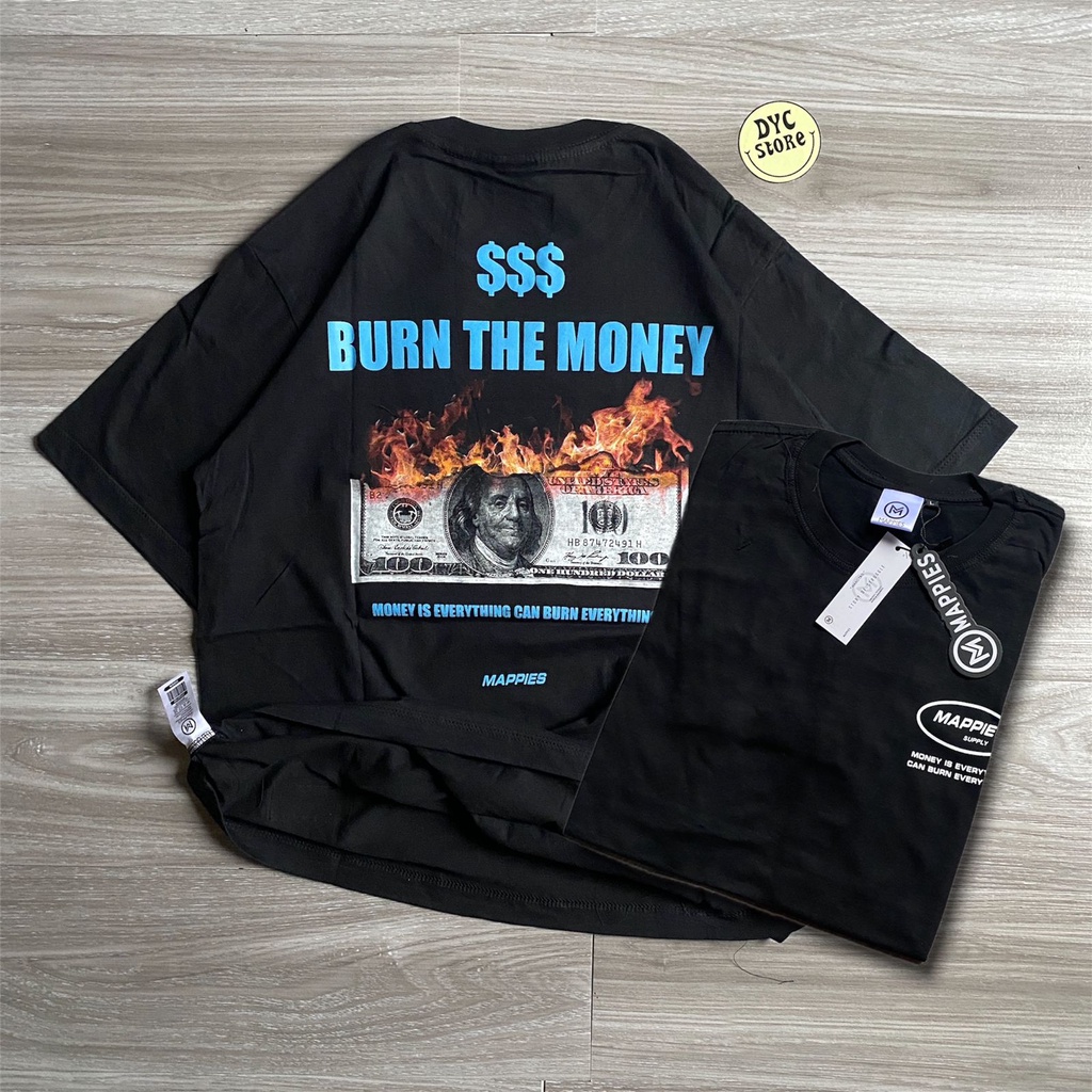 T-Shirt Kaos Distro Streetwear Original Mappies Spesial art Burn money From Bandung Kaos Oversize Hitam