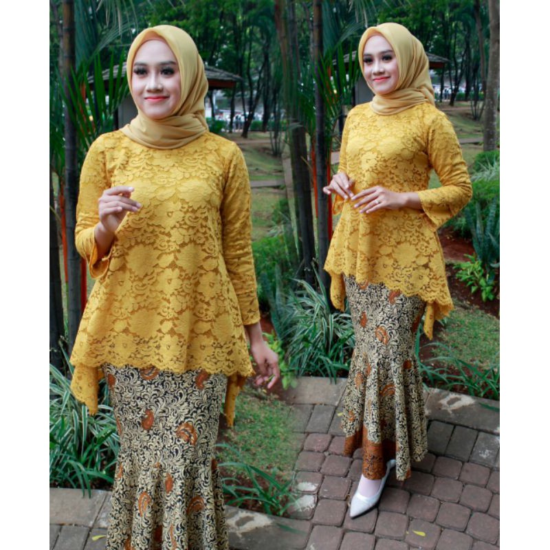 IndahKebaya | SET KEBAYA RINJANI BROKAT MIX ROK BATIK / BISA COUPLE / KEKINIAN /MAROON / NAVY / GOLD