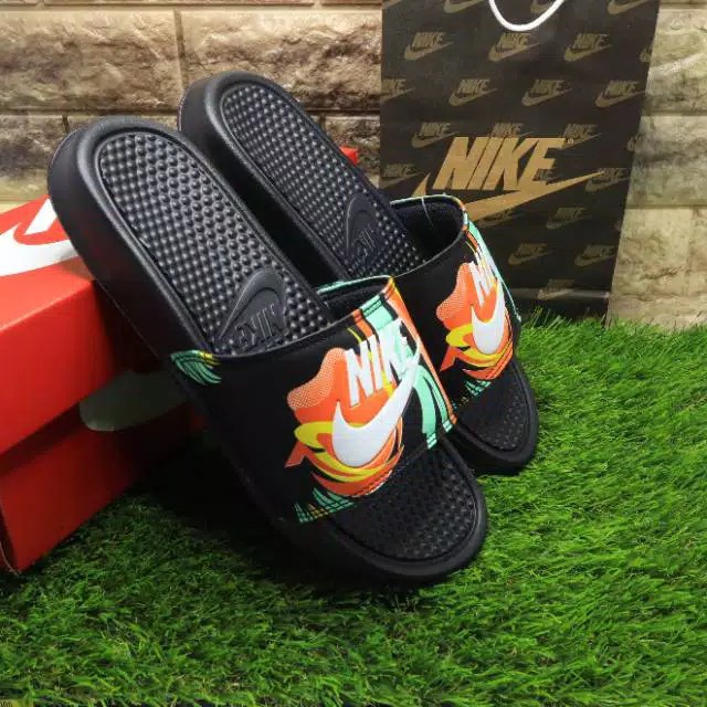 Sandal Sendal Slop Selop Slip On Slide Pria Wanita Cowok Cewek Laki Laki Casual Kekinian Murah NK Black Orange