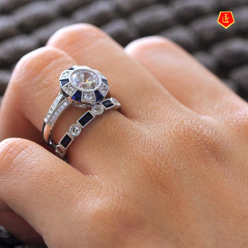 [Ready Stock]Fashion Simple Blue Topaz Square Diamond Ring Set