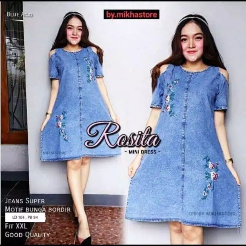 NEW!! ROSITA DRESS DENGAN AKSEN BORDIR ASLI BUNGA MATT JEANS WASH