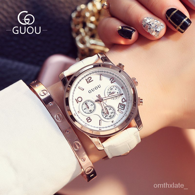 【Factory Outlet】GUOU Hong Kong Guou Jam Tangan Wanita Tiga Mata Multi-Fungsi Belt Klasik Retro Kasual Quartz Watch Wa