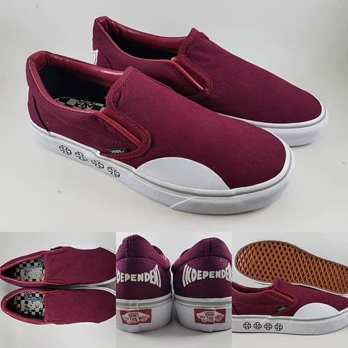 Sepatu Kets Vans X Independent Slip On Pro Maroon White Marun Putih