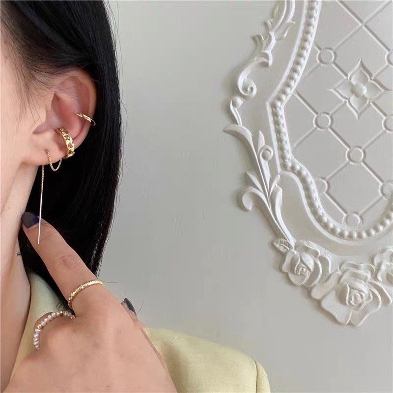 Manset Telinga Anting Sederhana Emas Rumbai Panjang Rantai Menjuntai Anting Drop Bungkus Tulang Rawan Piercing Earrings Set