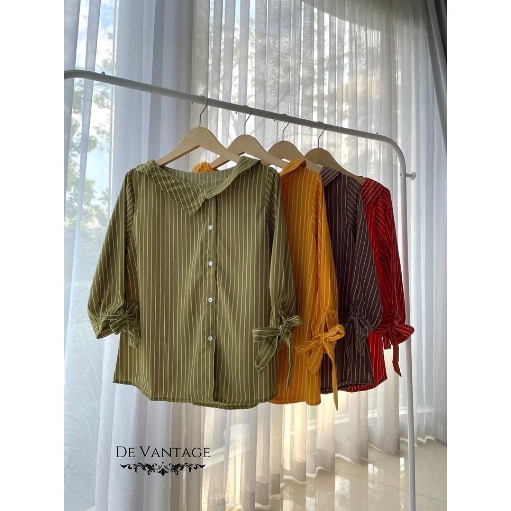 (Defect Sale) Kemeja Salur Lengan Pita / Striped Shirt with Ribbon Sleeves