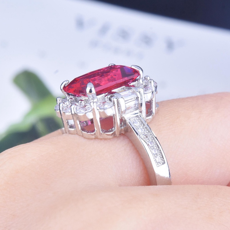 Fancyqube Cincin Silver Hias Batu Zircon Merah Bentuk Kotak Dapat Disesuaikan Gaya Vintage Untuk Wanita