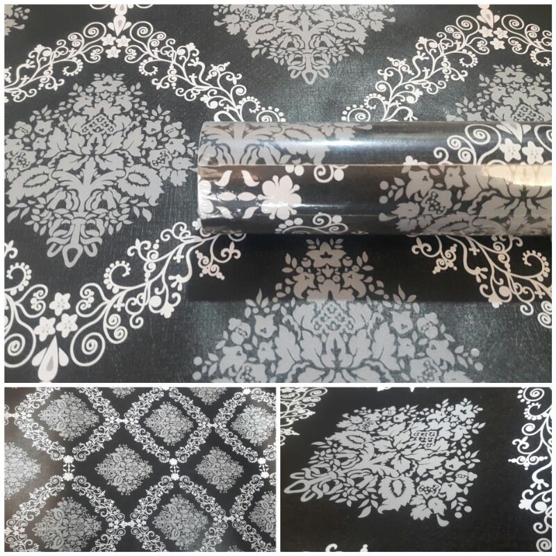 Wallpaper Dinding Sticker Batik Hitam Silver Putih