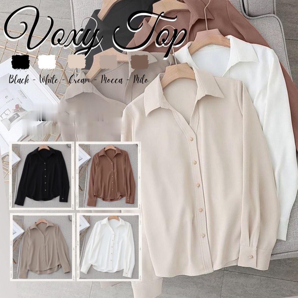 Tq88indonesia Fashion Baju Kemeja Wanita Lengan Panjang / GOLD BUTTON VOXY SHAKILA SHIRT / Kem / Hem Polos Putih Cewek / Ootd / Outfit Kasual Kekinian