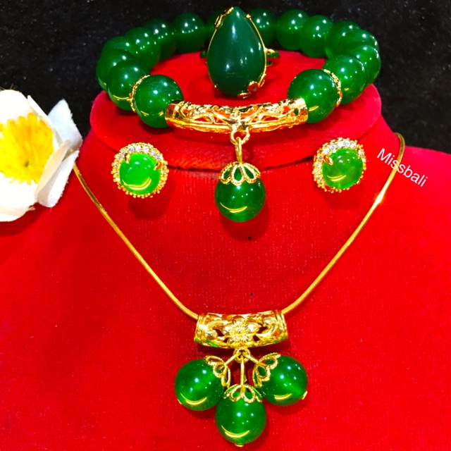 Set kalung giok hijau xuping  asli 24k,plating emas eschina asli,permata pakai batu giok hijau～
