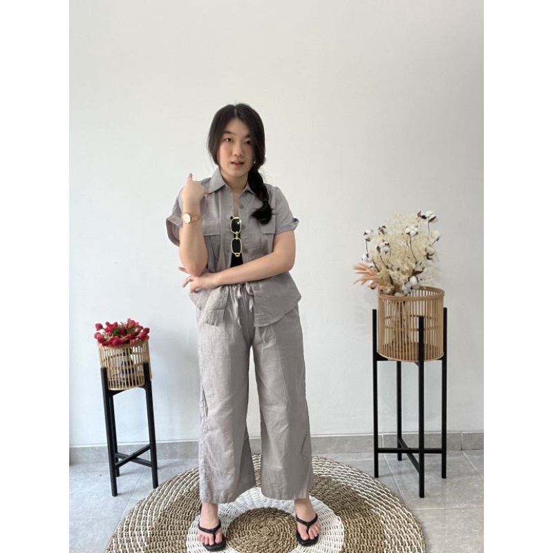 Set kemeja Linen pocket | Set kemeja lengan pendek pocket