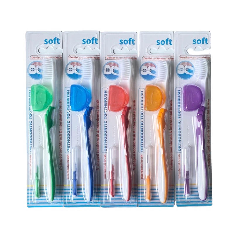 Sikat gigi ortho behel dengan tutup BONUS INTERDENTAL BRUSH orthodontic tooth brush dr smith dr smile tengah cekung v trim