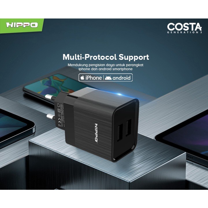 Kepala Adaptor Charger Hippo Costa Gen 3 2 Lobang USB Port Original Ori For XiaoMi Samsung Oppo Vivo LG
