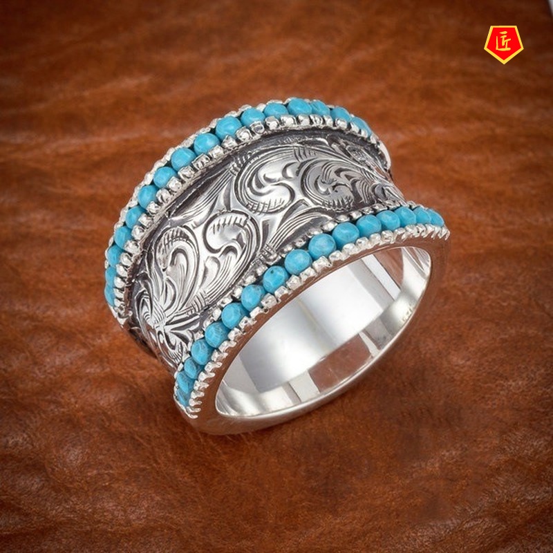 [Ready Stock]Simple Fashion Inlaid Turquoise Carved Ring