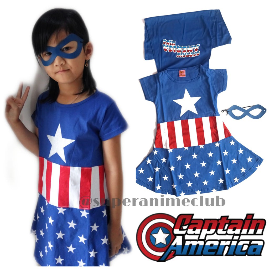 Dress Kostum Anak Cewek Captain America Superhero Halloween Avengers Capten Amerika