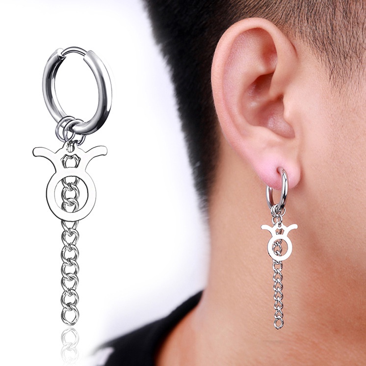 Anting titanium anti karat model tusuk tindik jepit cowok pria motif zodiak silver rantai panjang fashion korea import murah-Taurus