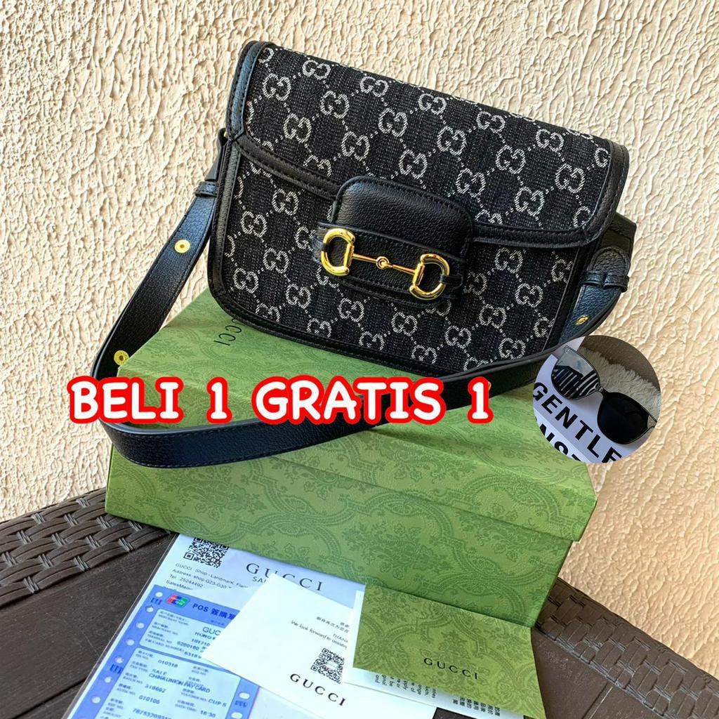 (MICROFIBER) LUXY LX2216 TAS SELEMPANG WANITA HORSEBIT BLACK DENIM FREE BOX + DUSTBAG KUALITAS VIP PLAITNUM 1:1