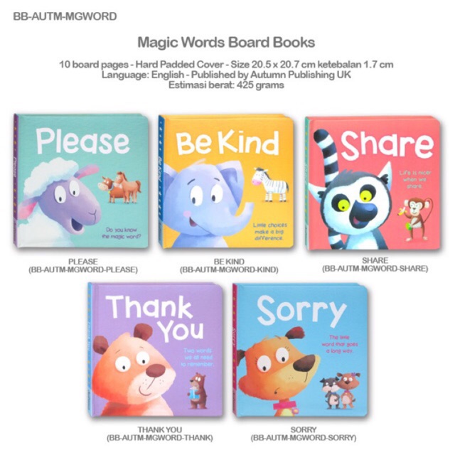 Magic words Board Book, thank you, sorry, please, share, be kind