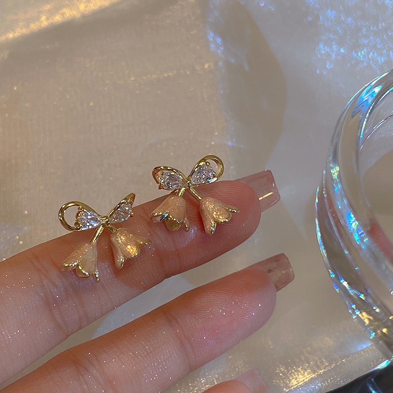 Anting Stud Silver Plated S925 Bentuk Bunga Anggrek Warna Pink Gaya Korea Untuk Wanita