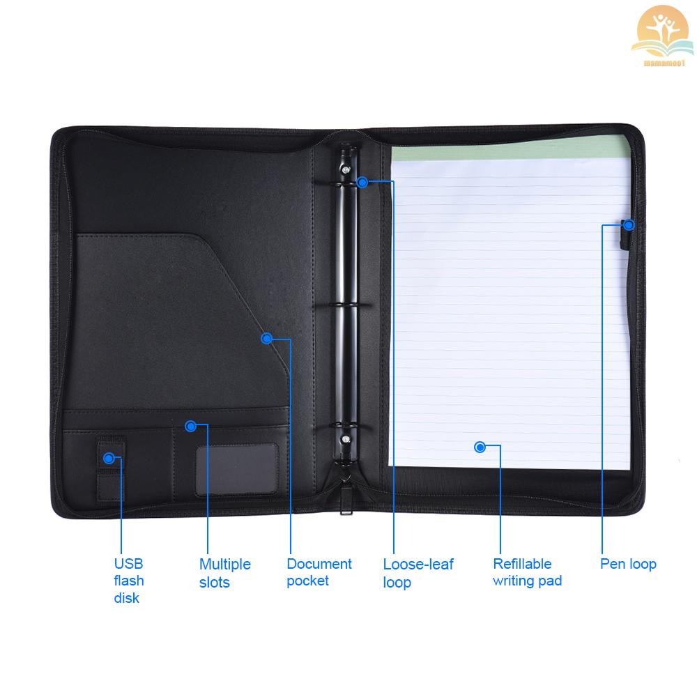 Multifunctional Professional Business Portfolio Padfolio Folder Document Case Organizer A4 PU Leather Zippered Closure Loose-leaf Loop with Business Card Holder Memo Note Pad