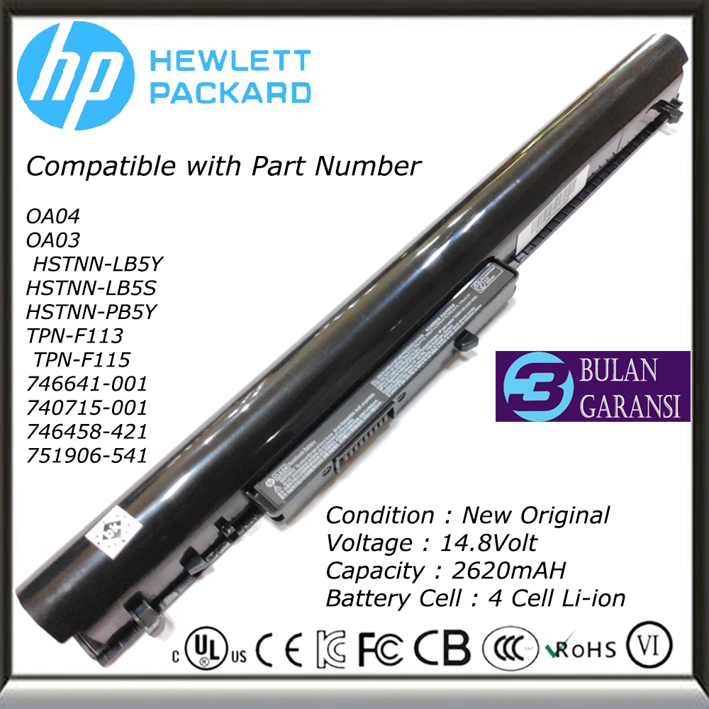 Baterai Batre ORI Laptop HP Pavilion OA04 14 14-D010AU 14-D011AU 14-D012TU 14-R017TX 14-R103TX 14-R110TU 14-R200NE 14-R201TX HSTNN-LB5S HSTNN-LB5Y CQ14 CQ15 240 250 G2 G3