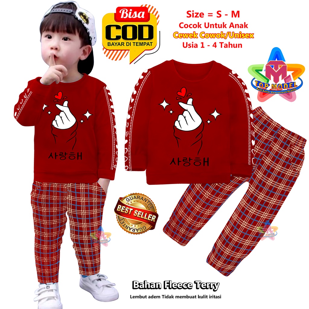 Setelan Baju Anak Saranghaeyo UNISEX 1-4 Tahun Cewek Cowok,TM0008B terbaru dan termurah Bahan Fleece Terry