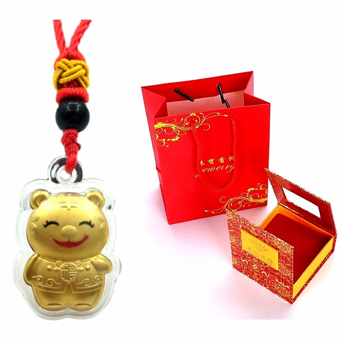 Kalung Tali Merah Set Liontin Emas Macan Fu Hoki Kado Gift Set Box Harga Grosir Termurah