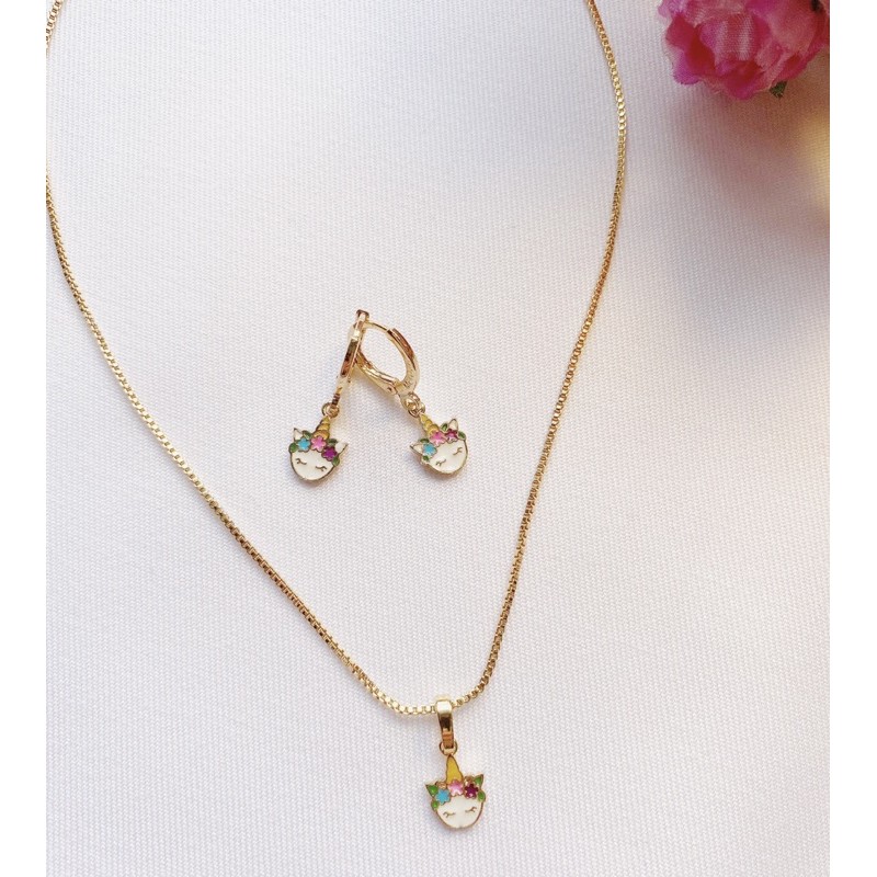 Set Perhiasan Anak Lapis Emas Flower Unicorn ( Kalung + Anting Sepasang)