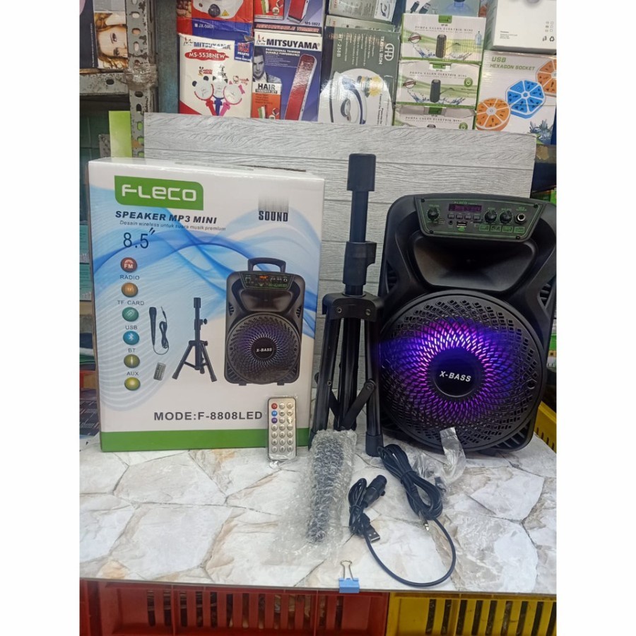 COD SPEAKER BLUETOOTH KARAOKE FLECO 8'5 INCH F-8808 LED BONUS MIC KARAOKE + STAN SPEAKER X-BASS//SPEAKER SALON AKTIF X-BASS//SPEAKER KARAOKE